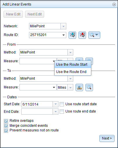 Get the start measure value of the event from the route start value